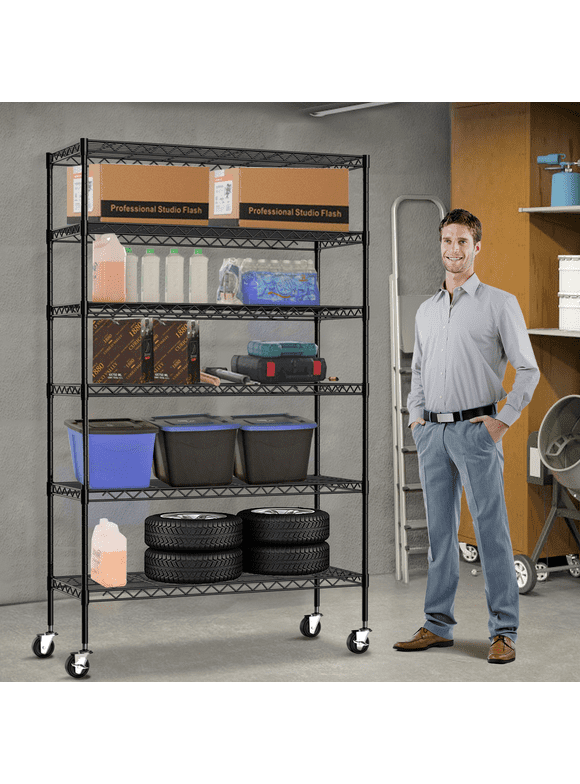 Dkelincs Storage Shelves 6 Tier  Wire Shelving Unit with Wheels Heavy Duty NSF Garage Shelves Adjustable Metal Shelves 2100 lbs Weight Capacity, Black