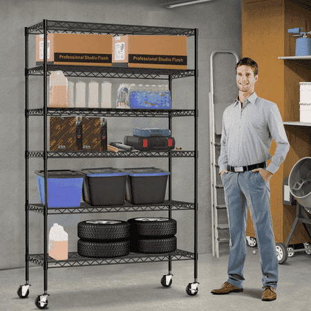 Dkelincs Storage Shelves 6 Tier Wire Shelving Unit with Wheels Heavy Duty NSF Garage Shelves Adjustable Metal Shelves 2100 lbs Capacity, Black