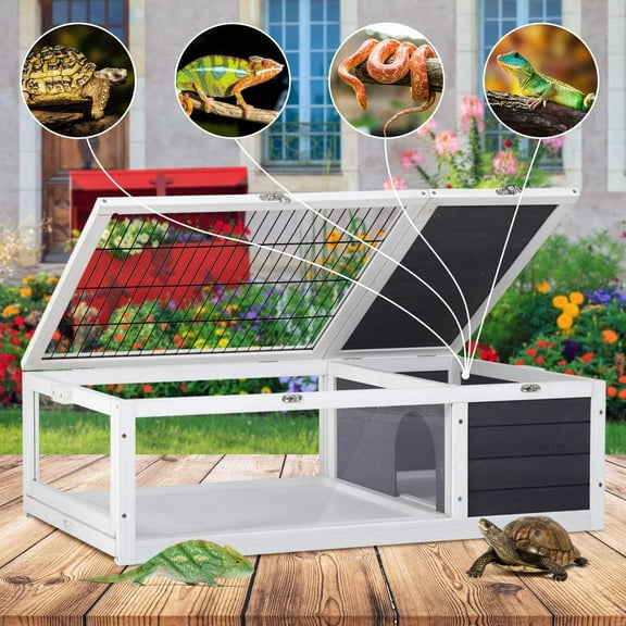 Dkelincs Tortoise Habitat Large Wooden Box Turtle Enclosure with Removable Tray, Transparent Tortoise House Reptile Cage, Gray