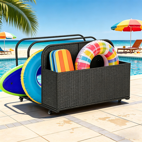 Dkelincs Wicker Poolside Float Storage Organizer Outdoor Pool Toy Storage Holder Rolling Pool Caddy Cart with 2 Open Shelves & Wheels, Black