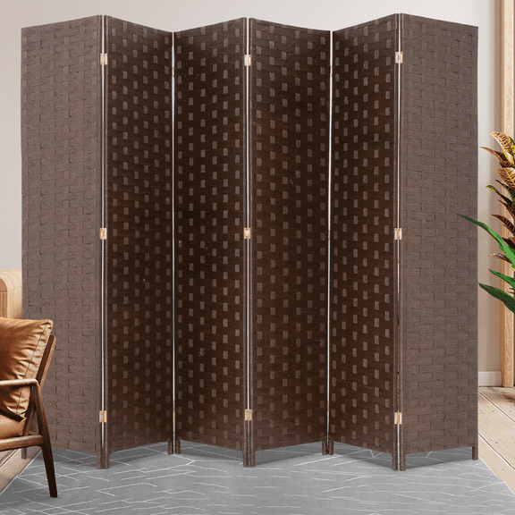 Dkelincs Wood Room Dividers 6 Panels Portable Folding Partition Screen Wood Mesh Woven Design Wall Divider(Brown)
