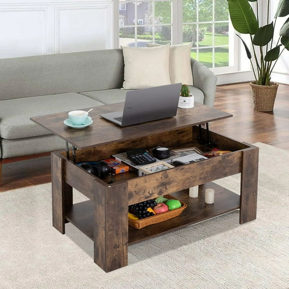 Dkelincs Wooden Lift Top Coffee Table with Hidden Compartment and Storage Shelf for Living Room, Brown