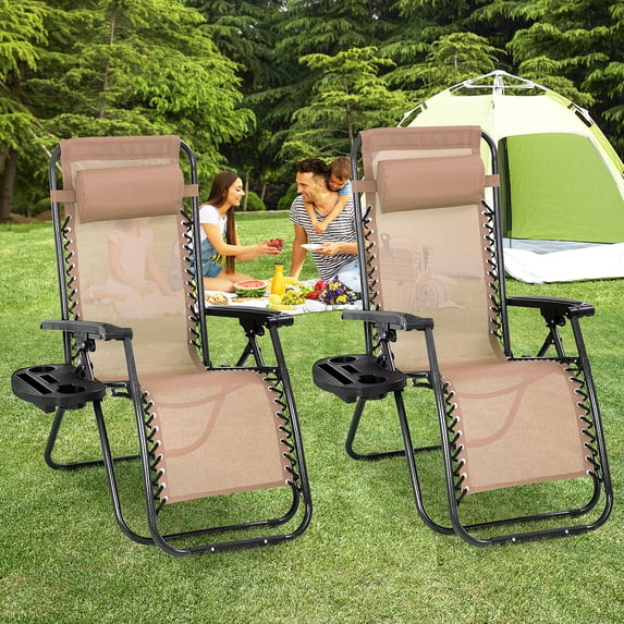 Dkelincs Zero Gravity Chair Set of 2 Adjustable Folding Lounge Chair Outdoor Beach Camping Chair with Pillow and Cup Holder, Tan