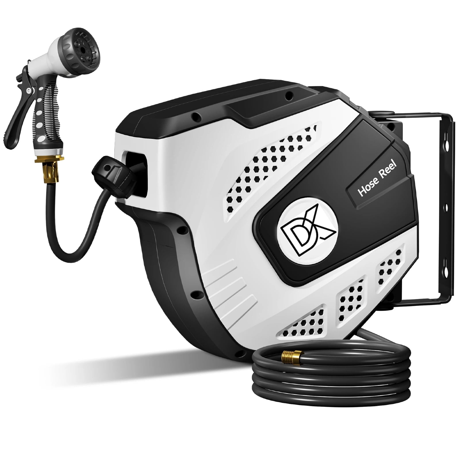 Dkenicor 5/16 35FT Retractable Wall Mount Garden Hose Reel,10 Pattern Nozzle,Automatic Self Retract&Any Length Lock,for Garden,Patio,Yard Use,Gray