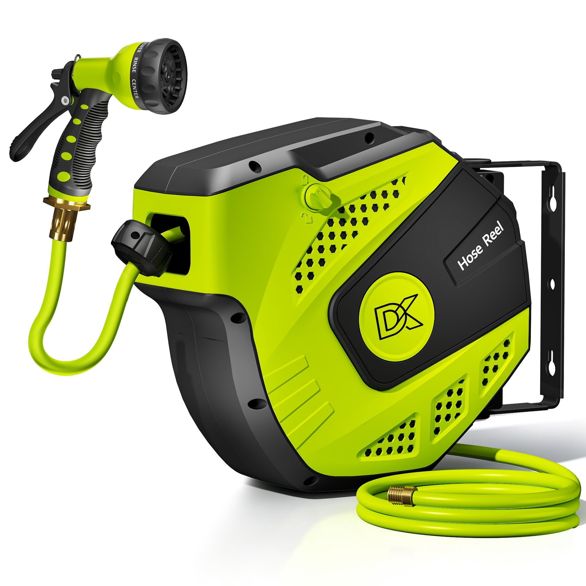 Dkenicor 5/16 35FT Retractable Wall Mount Garden Hose Reel,10 Pattern Nozzle,Automatic Self Retract&Any Length Lock,for Garden,Patio,Yard Use,Green