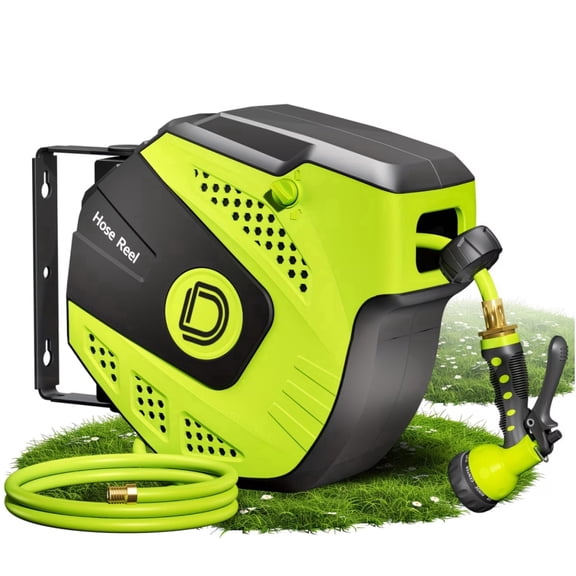 Dkenicor 5/16 35FT Retractable Wall Mount Garden Hose Reel,10 Pattern Nozzle,Automatic Self Retract&Any Length Lock,for Garden,Patio,Yard Use,Green