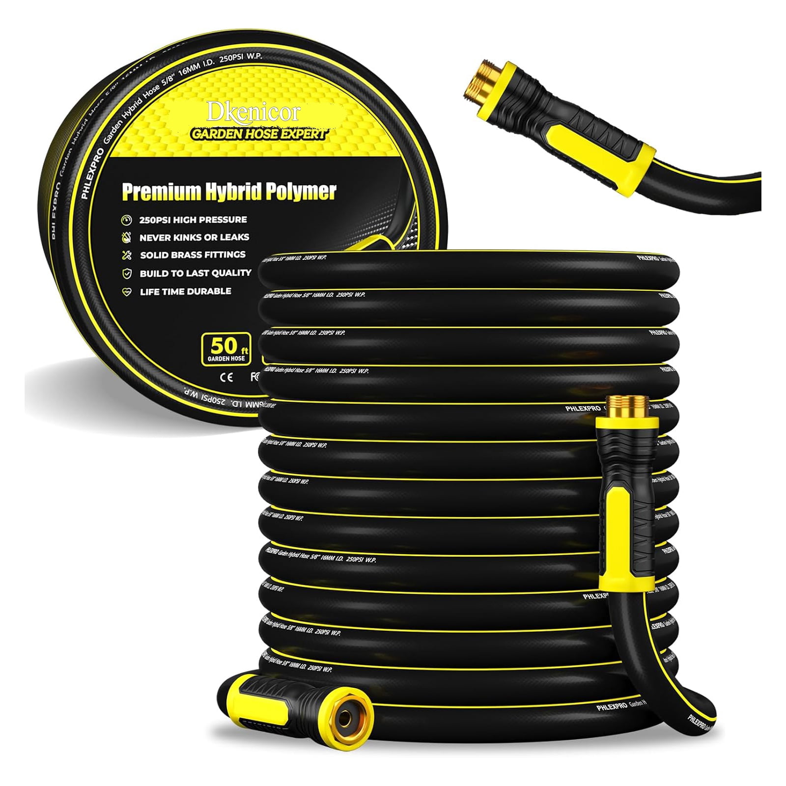 Dkenicor 50ft Burst Proof Rubber Garden Hose , 3 Layer Lightweight Water Hoses,250 Psi