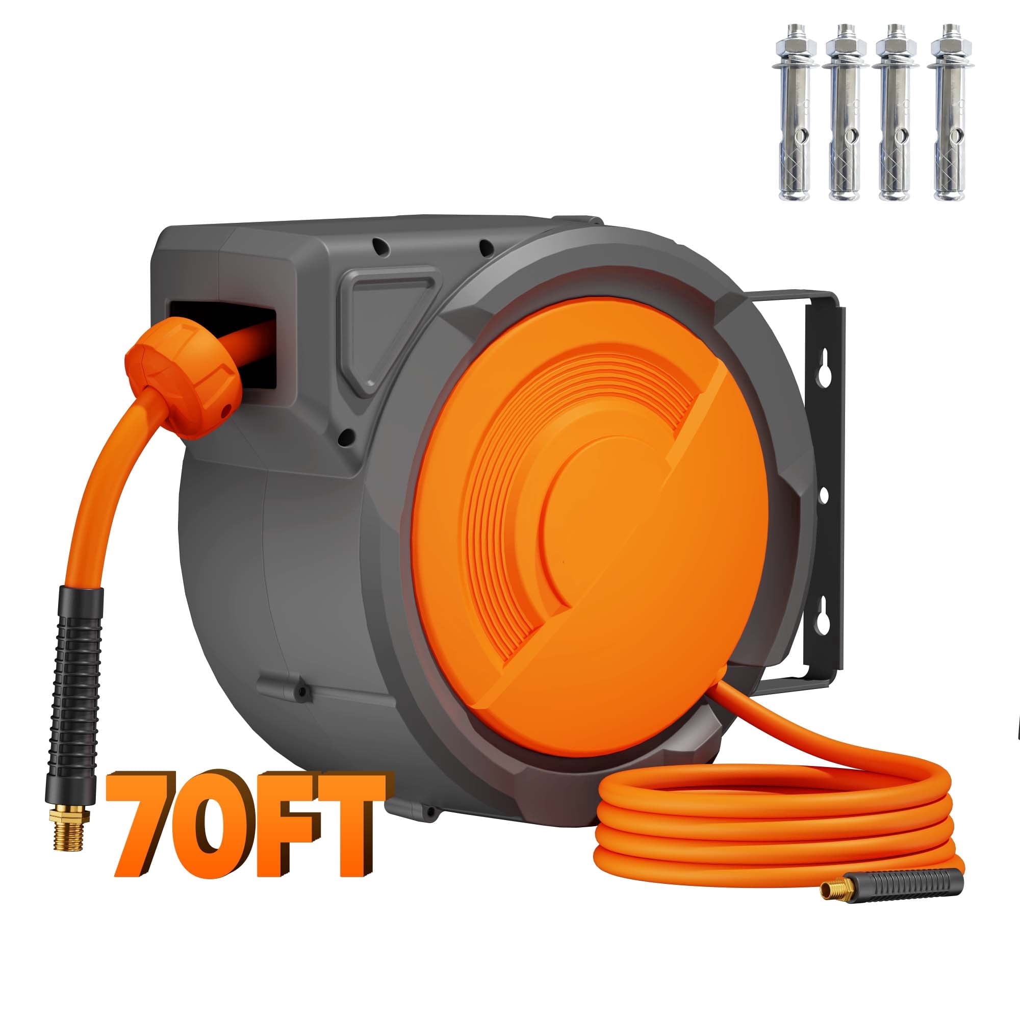 Dkenicor 70ft Retractable Air Hose Reel,5/16" 300 PSI Heavy Duty with 180° Swivel & Lock,6.5ft Lead-in Hose for Garage Workshop,Orange