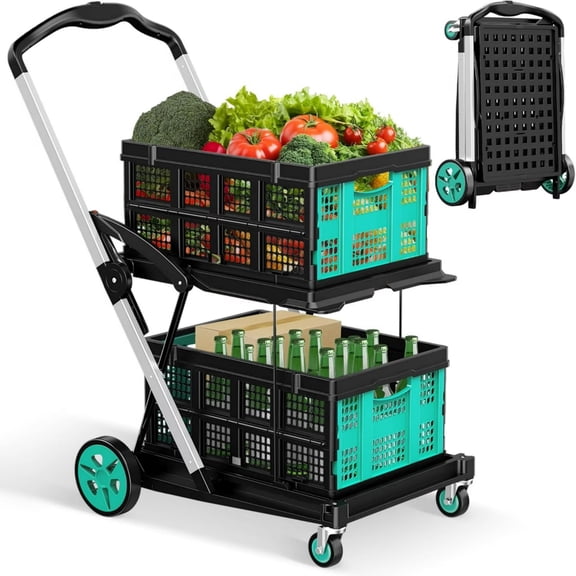 Dkenicor Folding Shopping Cart with 2 Storage Crates,Collapsible Cart with 360°Rolling Wheels,8-in-1 Mobile Folding Trolley for Shopping,Picnic and Office,Blue