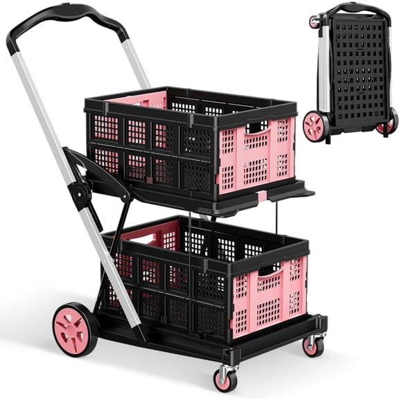 Dkenicor Folding Shopping Cart with 2 Storage Crates,Collapsible Cart with 360°Rolling Wheels,8-in-1 Mobile Folding Trolley for Shopping,Picnic and Office,Green,Pink