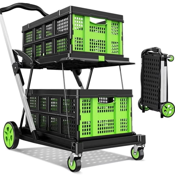 Dkenicor Folding Shopping Cart with 2 Storage Crates,Collapsible Cart with 360°Rolling Wheels,8-in-1 Mobile Folding Trolley for Shopping,Picnic and Office,Green
