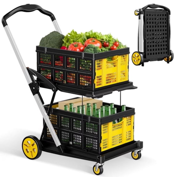 Dkenicor Folding Shopping Cart with 2 Storage Crates,Collapsible Cart with 360°Rolling Wheels,8-in-1 Mobile Folding Trolley for Shopping,Picnic and Office,Yellow