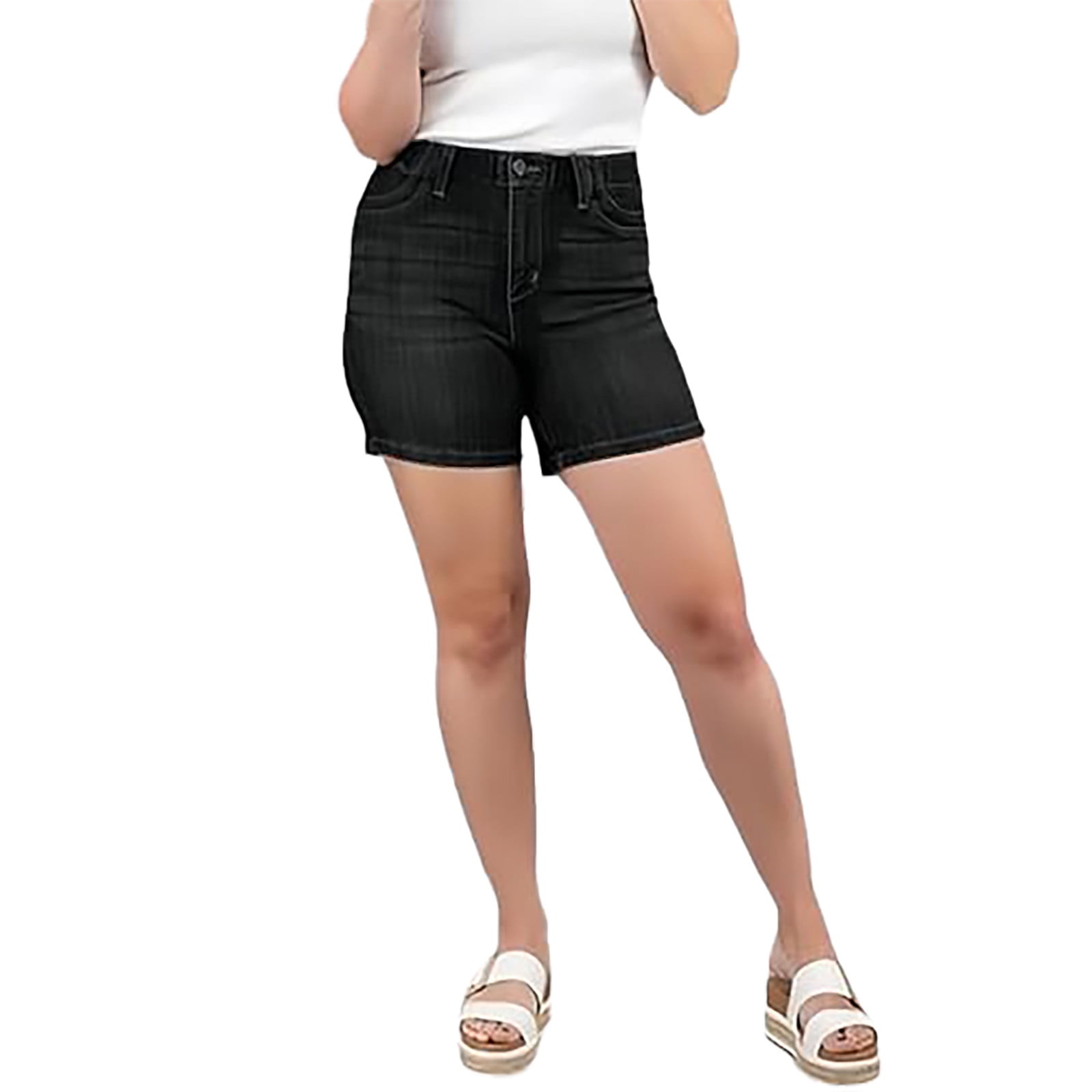 DkinJom High Waist ElasticWaist，Mid Length Shorts，Women Casual High