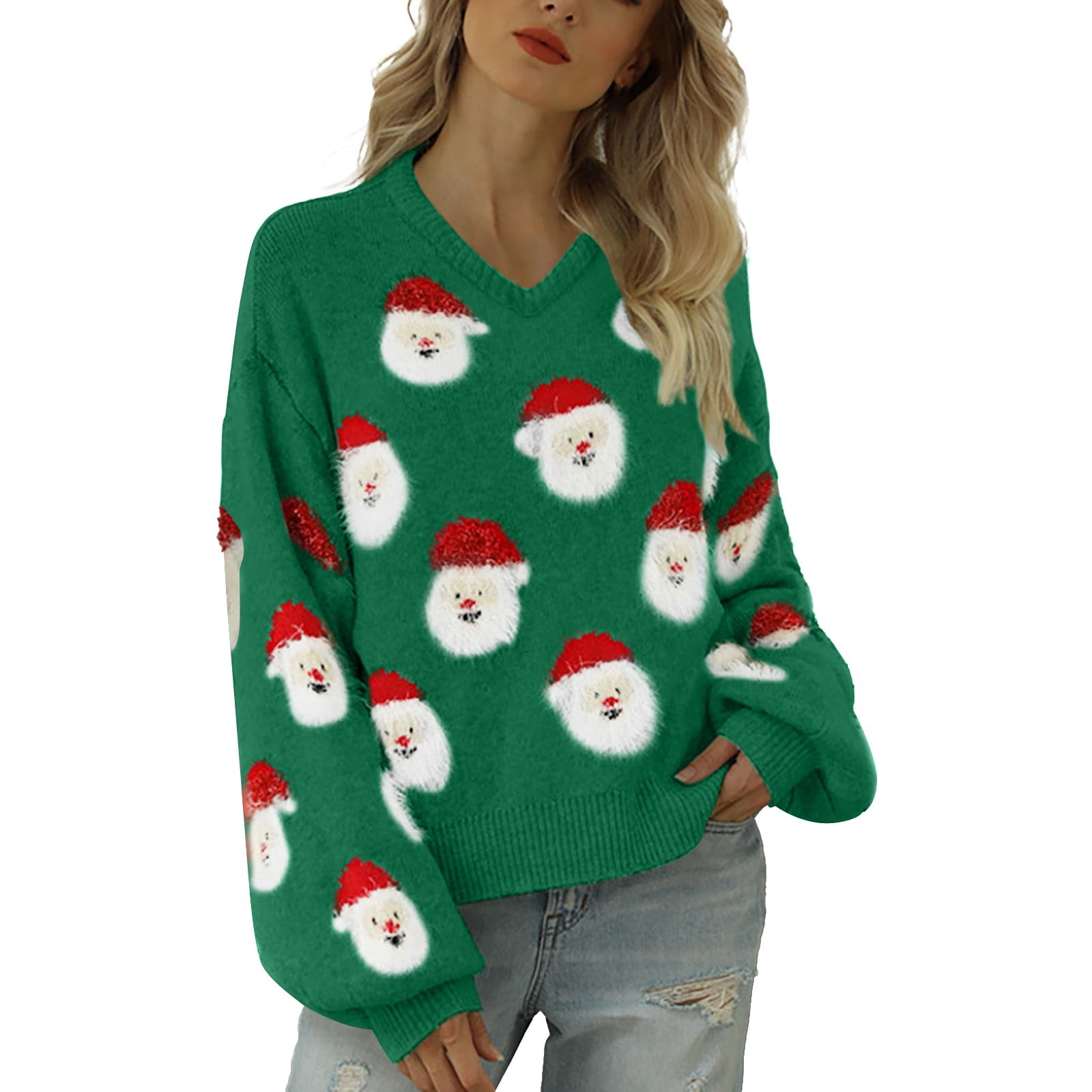 DkinJom Women Christmas Knitted Sweater Cute Santa Head Pattern Crewneck Pullover Sweater