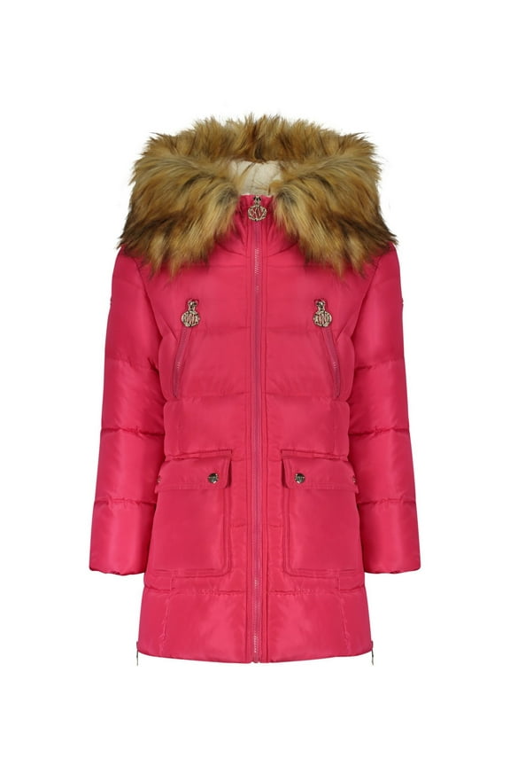 Big Girls Long Puffer Jacket, coat - Fuchsia size 10/12
