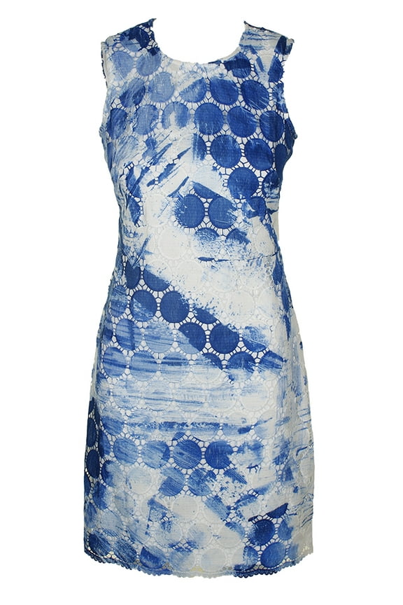 Blue White Sleeveless Painted Circle-Lace Sheath Dress 8