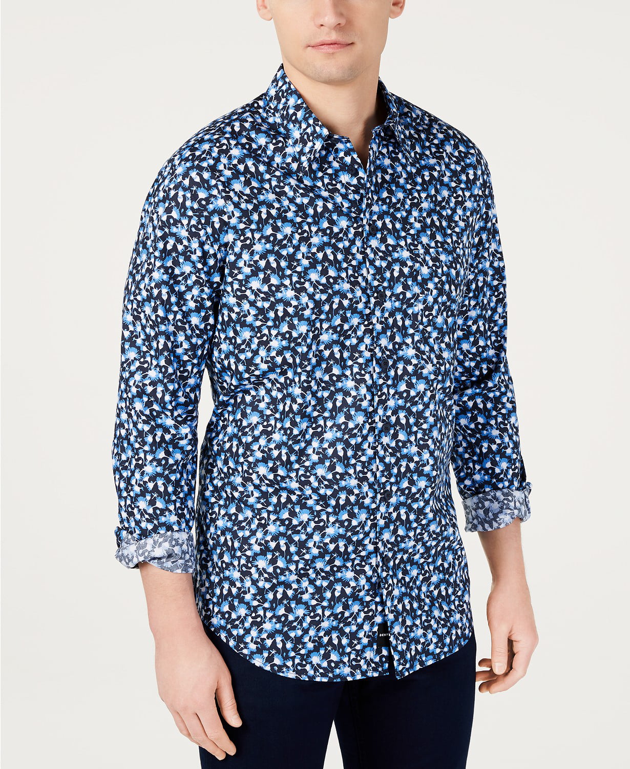 Dkny Men's Floral Graphic Button Down Dress Shirt, Navy Blazer, Large
