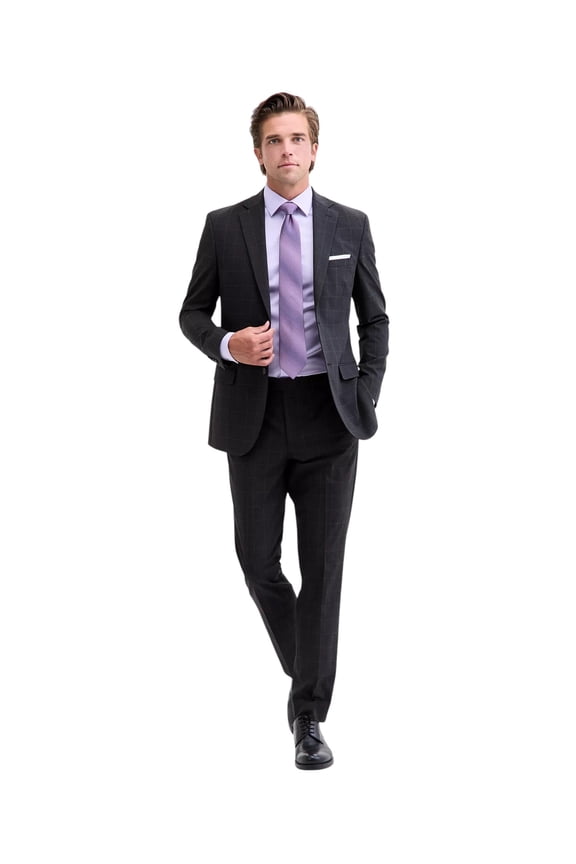 Mens Modern fit 2 Piece Suit 36 R / 29 Waist Charcoal Grey Plaid Stretch
