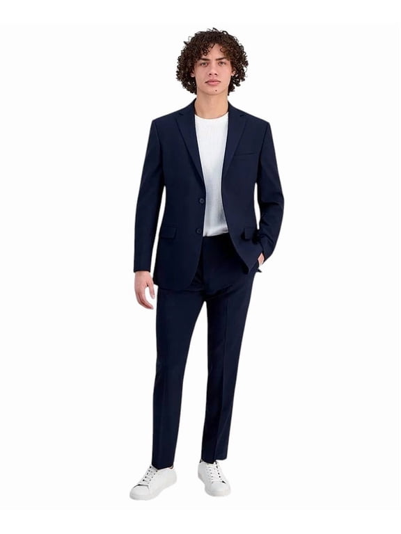 Mens Modern Fit 2 Piece Suit 42 L / 35 Waist Navy Blue Solid Stretch