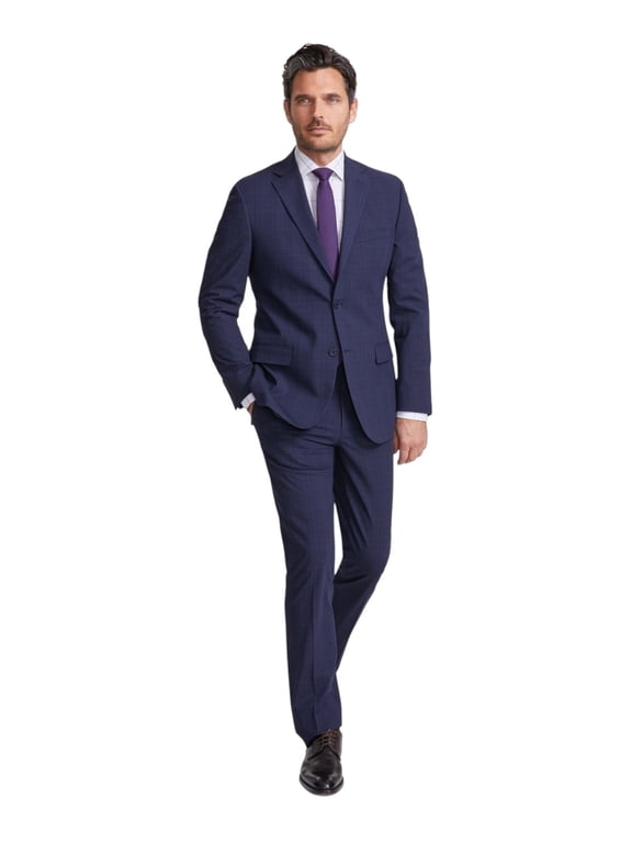 Mens Modern fit 2 Piece Suit 42 R / 35 Waist Navy Blue Plaid Stretch