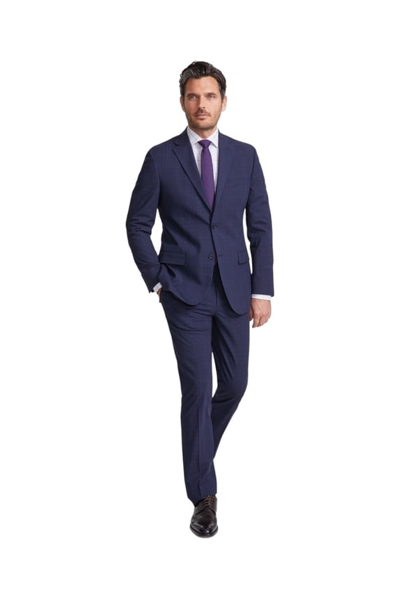 Mens Modern fit 2 Piece Suit 44 R / 37 Waist Navy Blue Plaid Stretch