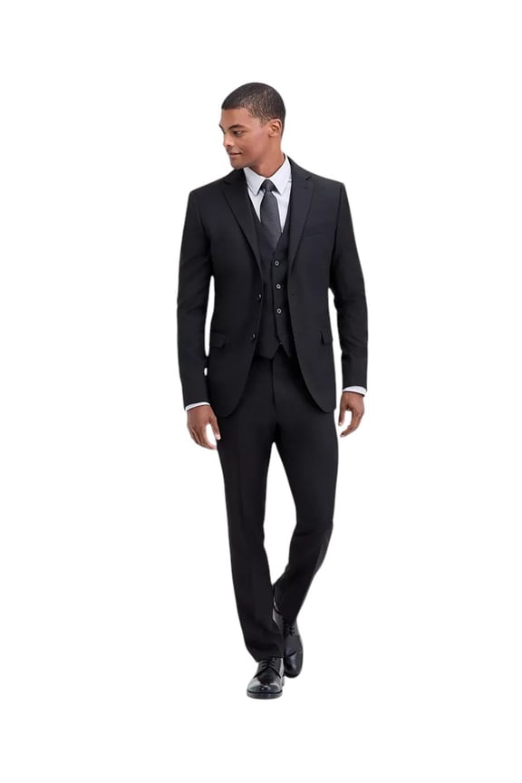 Mens Modern fit 3 Piece Vested Suit 44 L / 37 Waist Black Solid Stretch
