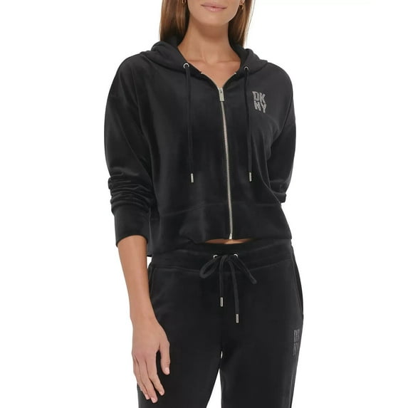 Dkny Sport Women Velour rhinestones Logo Zip-Up Hoodie Black Size S MSRP $80