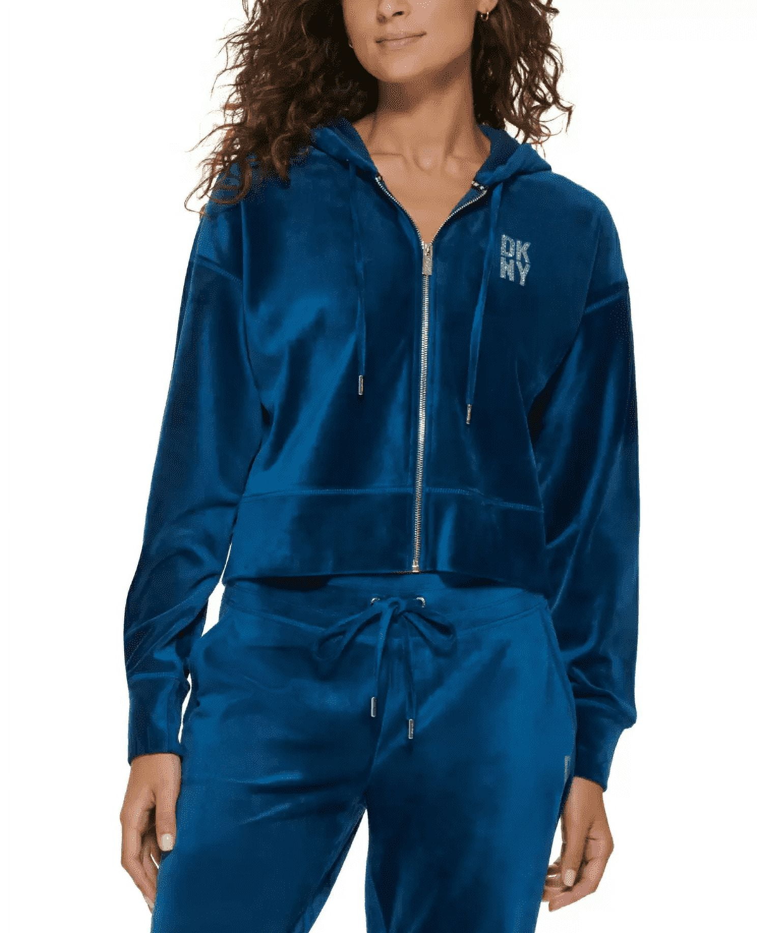 Dkny Sport Women's Velour with rhinestones Logo Zip-Up Hoodie, Blue, Large