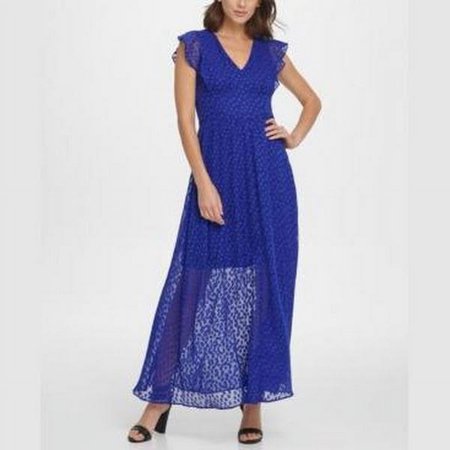 Dkny V-Neck Ruffle Cap Sleeve Maxi Dress, Size 8: 8/Marine