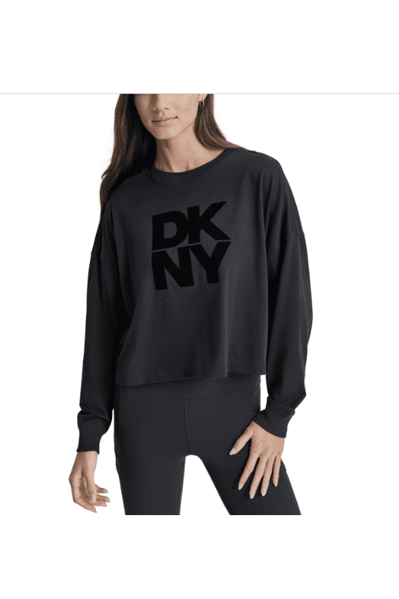 Women's Cotton Flocked-Logo Long-Sleeve Top - Black