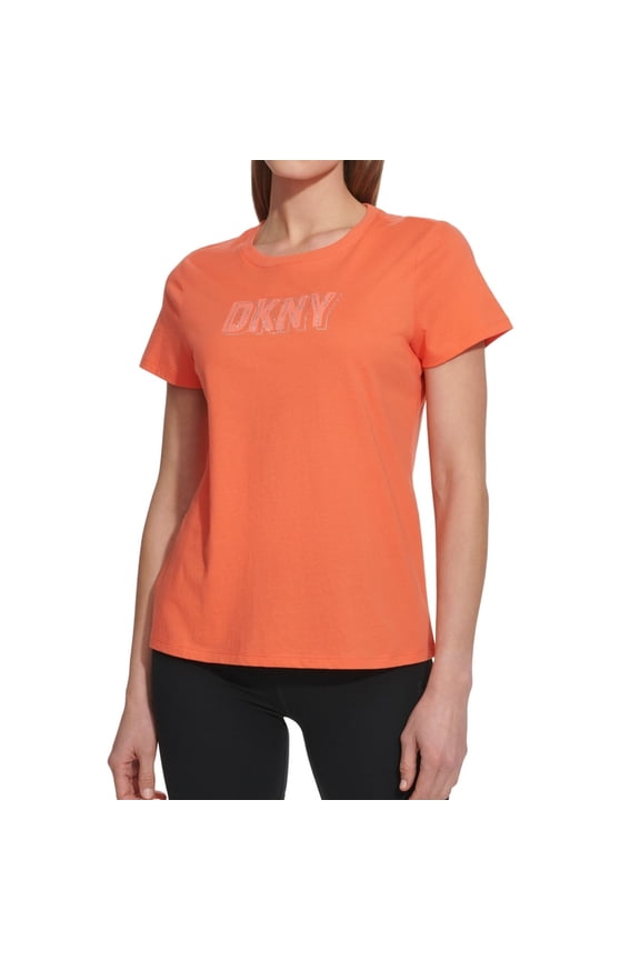 Womens Bedazzled Logo Embellished T-Shirt, Orange, X-Small