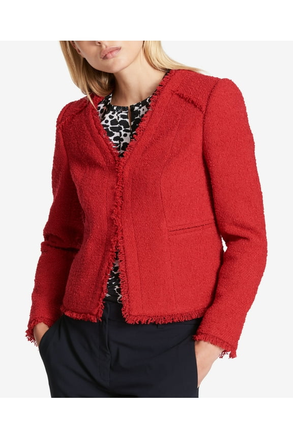 Fringe Trim Textured Blazer Red 6