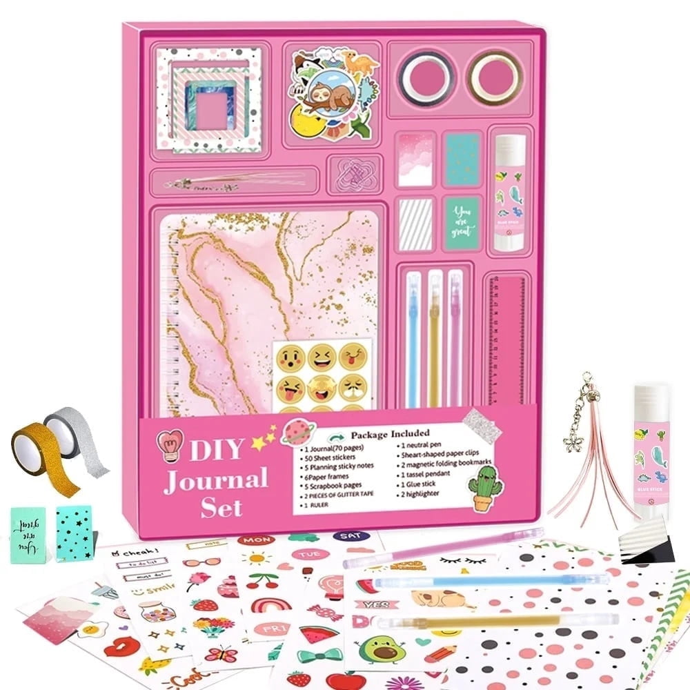 DlY Journal Kit for Girls,48 Pcs Diary Suppies Set,Jouraling Art Crafts Kits,Birthday Gifts for 8-12 Year Old Teen Girl(Pink)