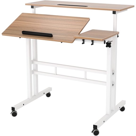 DlandHome Adjustable Rolling Desk Standing Desk, Sit-Stand Desk Cart Mobile Computer Desk Stand Up Desk Office Desk Riser Standing Table Workstation Mobile Desk, Oak