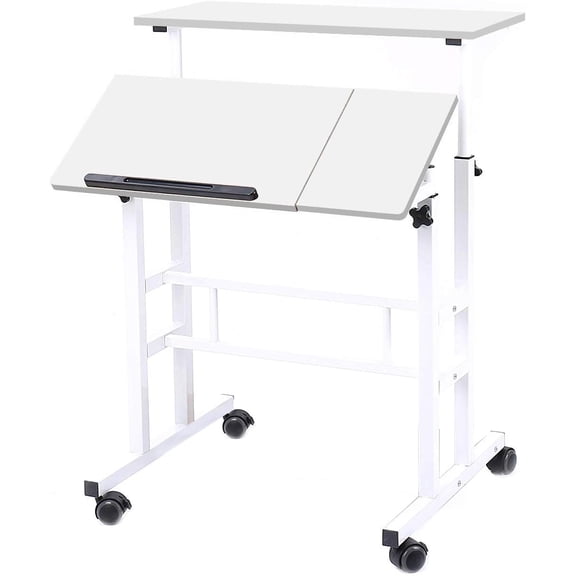 DlandHome Adjustable Rolling Sit-Stand Desk, Mobile Computer Desk Stand Up Workstation, White