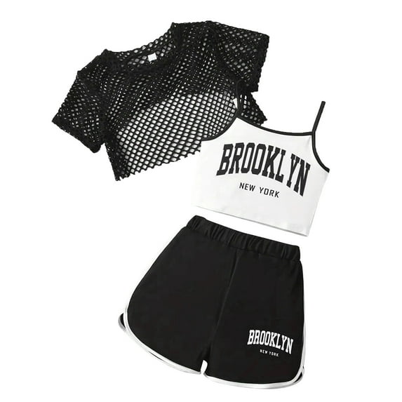 Dlasu Big Girl's Outfit Sets 3PCS Short Sleeve Top and Letter Print Tank Tops with Shorts Suits Breathable Casual Outfits