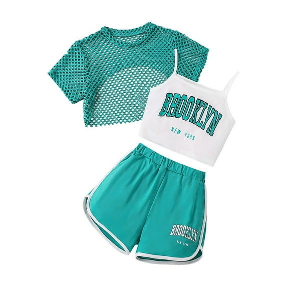 Dlasu Big Girl's Outfit Sets 3PCS Short Sleeve Top and Letter Print Tank Tops with Shorts Suits Breathable Casual Outfits