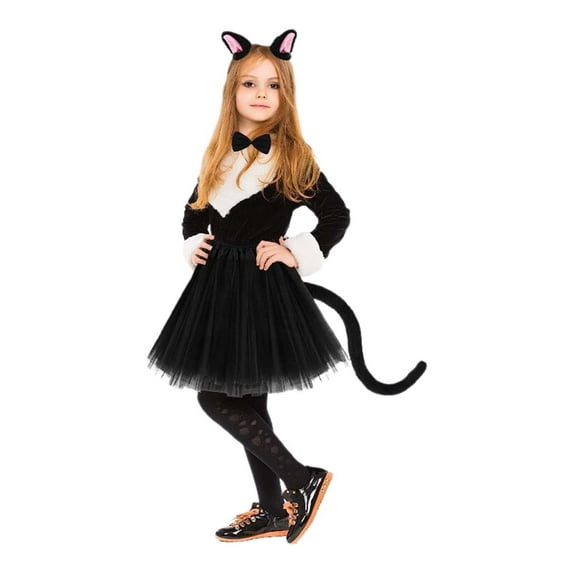 Dlasu Little Girls Outfits Cute Cat Ear Headband With Bowknot and Dress 4PCS Adorable Cat Themed Hair Accessories Set