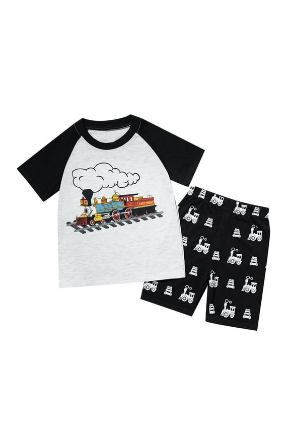 Outfit Sets for Little Boys Train Print Cute Short Sleeve T-shirt and Shorts Spring Summer Clothing Suits