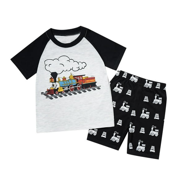 Dlasu Outfit Sets for Toddler Boys Train Print Cute Short Sleeve T-shirt and Shorts Spring Summer Clothing Suits