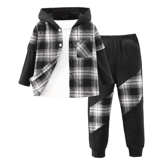 Dlasu Toddler Boy Outfit Sets Button Down Long Sleeve Plaid Print Shirt and Pants Cotton Set for Children Casual Loose Suits