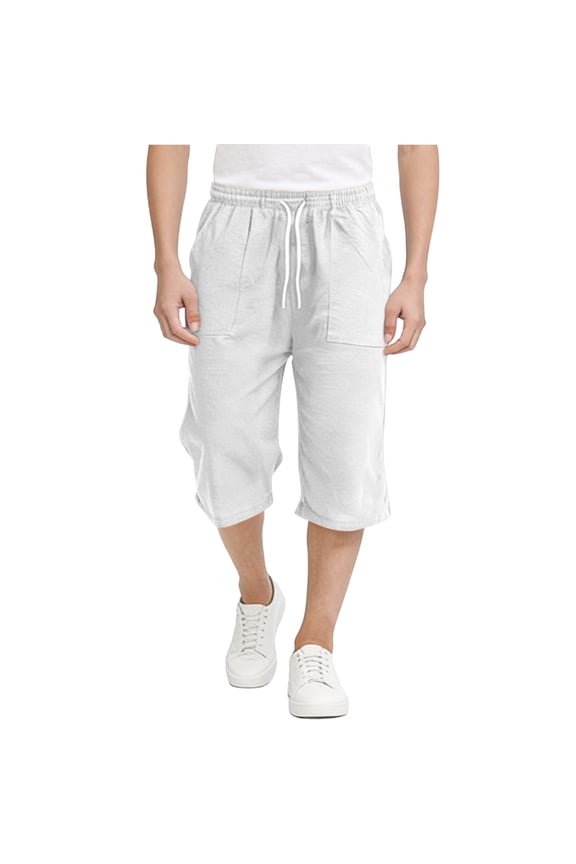 Boys Capri Cotton Linen Shorts Below Knee 3/4 Summer Casual Lightweight Drawstring Beach Pant with Pockets