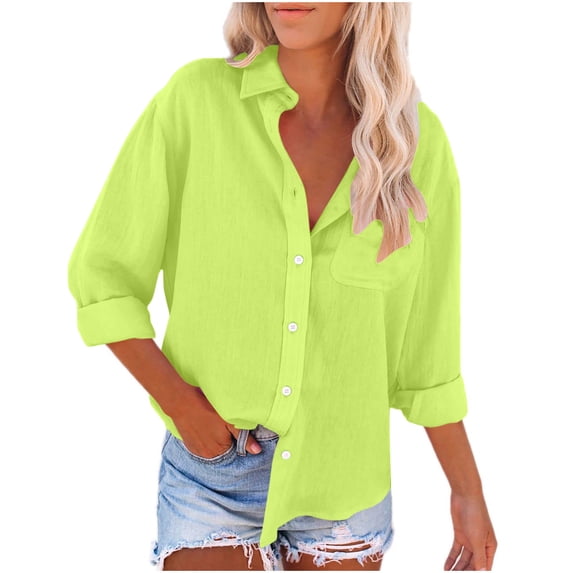 Dlentnea Womens Button down Shirts Cotton Linen Dress Shirt Long Sleeve Work Blouses Collared Tops with Pocket