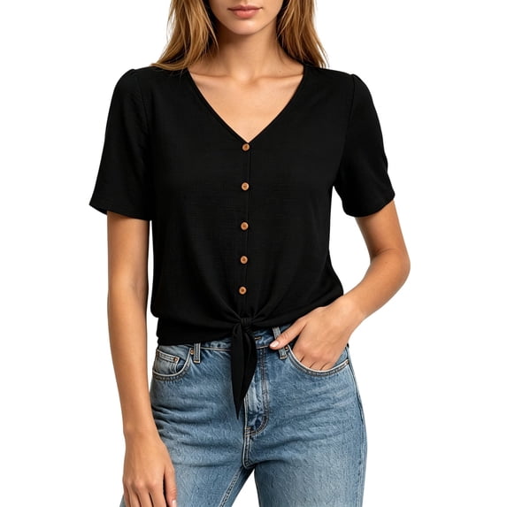 Dlentnea Womens Summer Tops V Neck Tie Front Button down Shirts Loose Casual Tunic Blouses Business Shirt