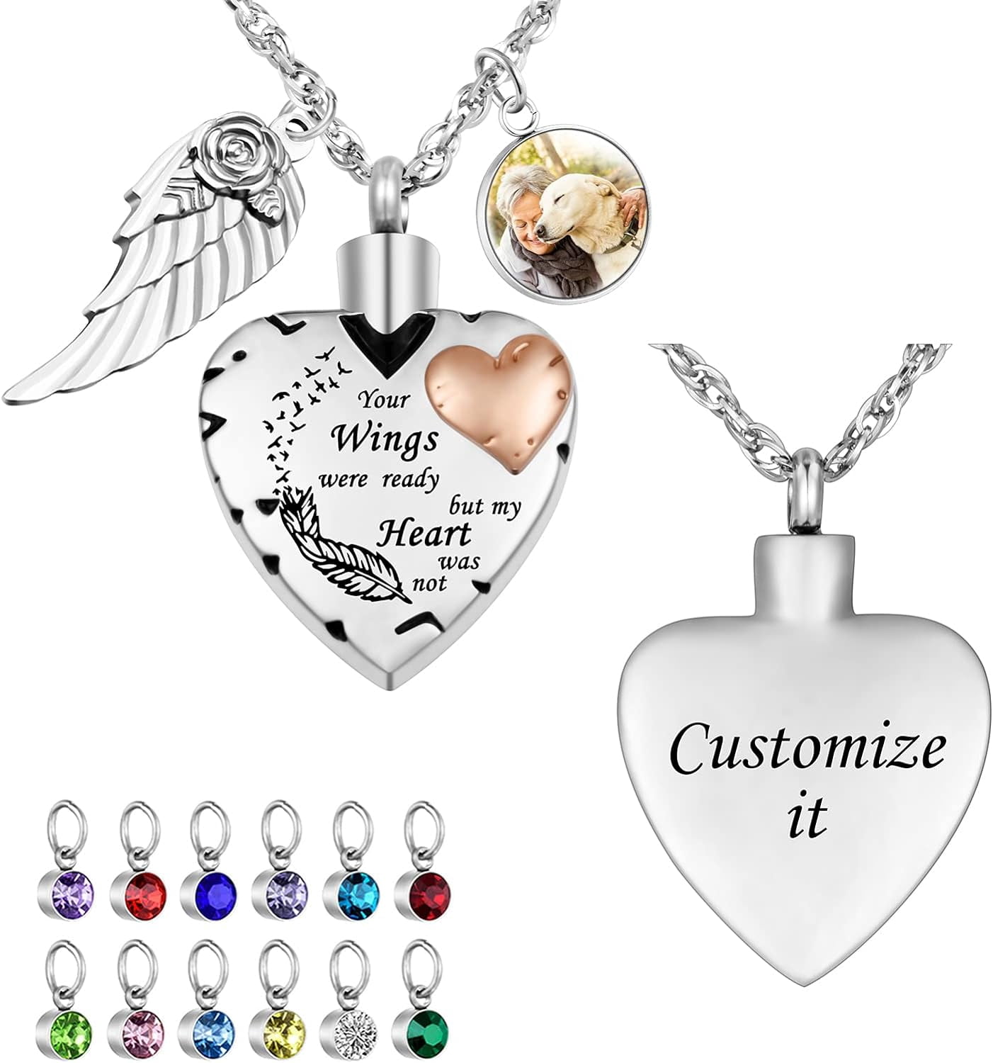 Misyou Heart Memorial Necklace For Ashes - Angel Wing Cremation Urn Pendant With 12 Birthstones, Stainless Steel Keepsake Jewelry - View #2