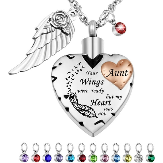 Dletay Heart Cremation Necklace for Ashes Cremation Jewelry with 12 Birthstones Urn Necklace for Ashes-Your Wings were Ready but My Heart was Not