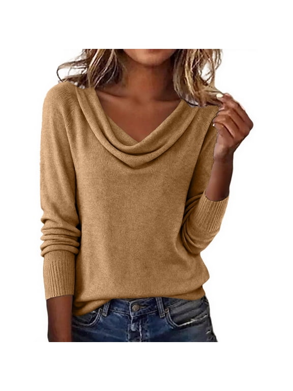 Women Cowl Neck Wrap Knit Sweater Draped Collar Long Sleeve Tunic Pullover Flowy Soft Lightweight Tops Baggy Loose Fit Comfy Cozy Elegant Outfits Lounge Travel Vacation Clothes Khaki S