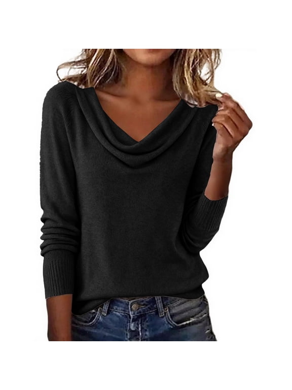 Women Cowl Neck Wrap Knit Sweater Draped Collar Long Sleeve Tunic Pullover Flowy Soft Lightweight Tops Baggy Loose Fit Comfy Cozy Elegant Outfits Lounge Travel Vacation Clothes Black S