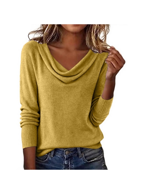 Women Cowl Neck Wrap Knit Sweater Draped Collar Long Sleeve Tunic Pullover Flowy Soft Lightweight Tops Baggy Loose Fit Comfy Cozy Elegant Outfits Lounge Travel Vacation Clothes Yellow S