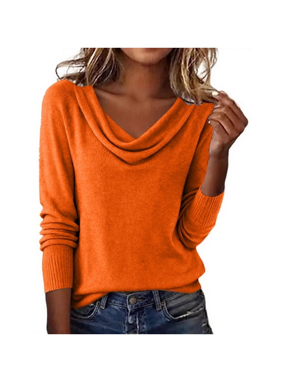 Women Cowl Neck Wrap Knit Sweater Draped Collar Long Sleeve Tunic Pullover Flowy Soft Lightweight Tops Baggy Loose Fit Comfy Cozy Elegant Outfits Lounge Travel Vacation Clothes Orange L